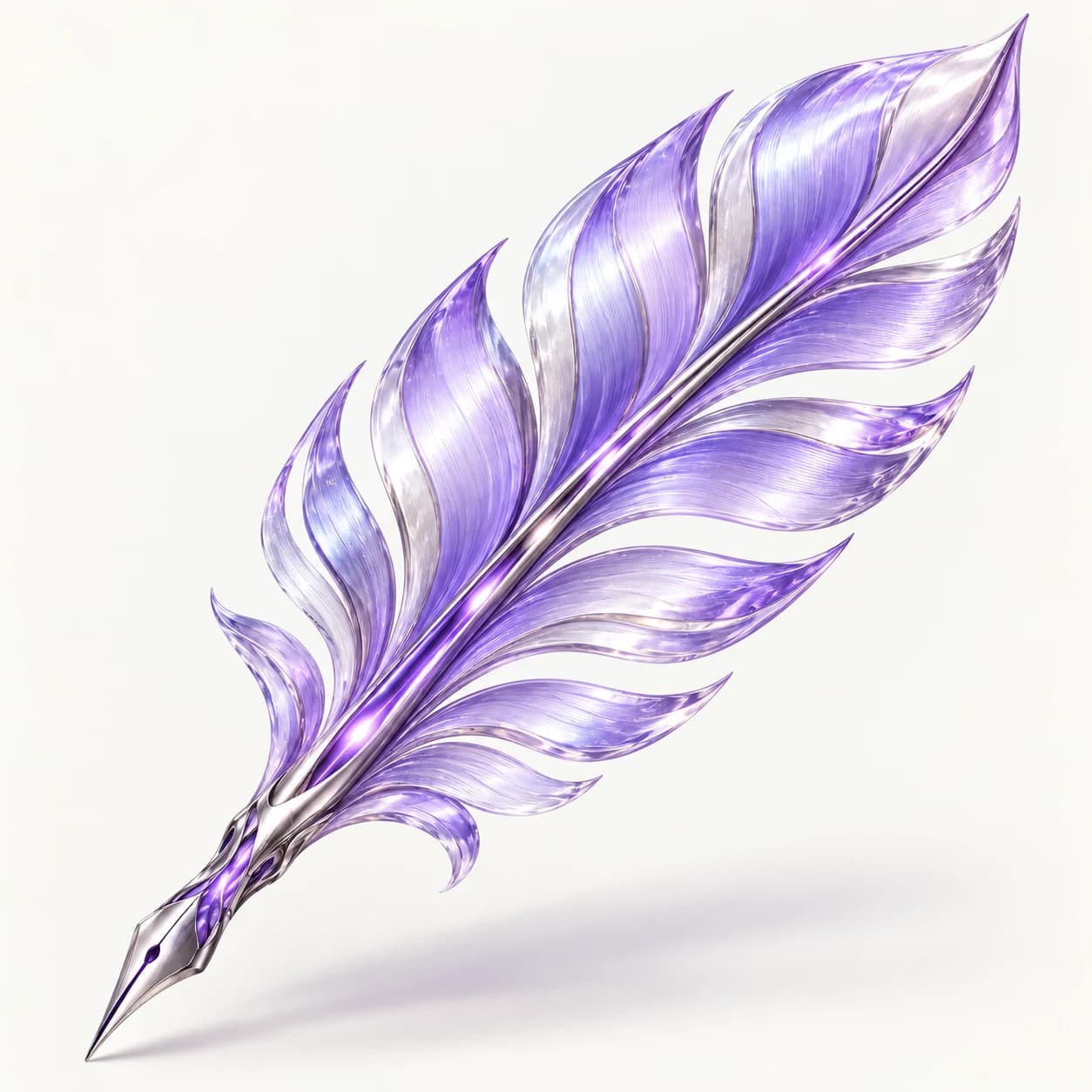 An enhanced lavender glass quill with sculpted fins, a titanium spine, and an illuminated violet core